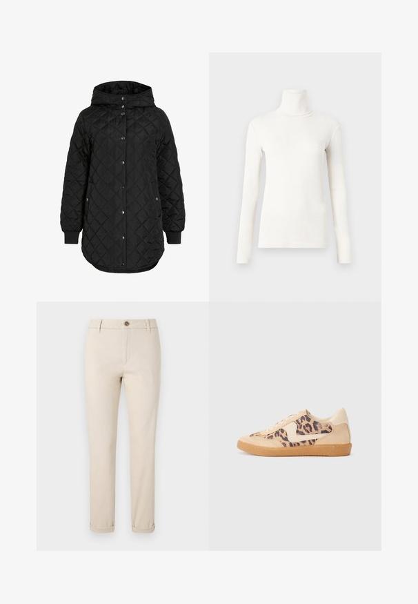 Casaco preto acolchoado com capuz, apresentando um fecho de botão, punhos canelados e uma bainha mais longa. O tecido é suave com um acabamento mate.; Camisola de gola alta de mangas compridas em branco sujo, feita de um tecido suave e elástico, com um design ajustado e textura canelada.; Calças chino bege com um design de perna reta, feitas de algodão. Apresentam um fecho de botão, bolsos frontais e punhos dobrados nos tornozelos.; Sapatilhas com padrão de leopardo, parte superior em camurça bege, sola de borracha castanha e detalhes brancos. Bico redondo e design com atacadores, com um acabamento texturizado.