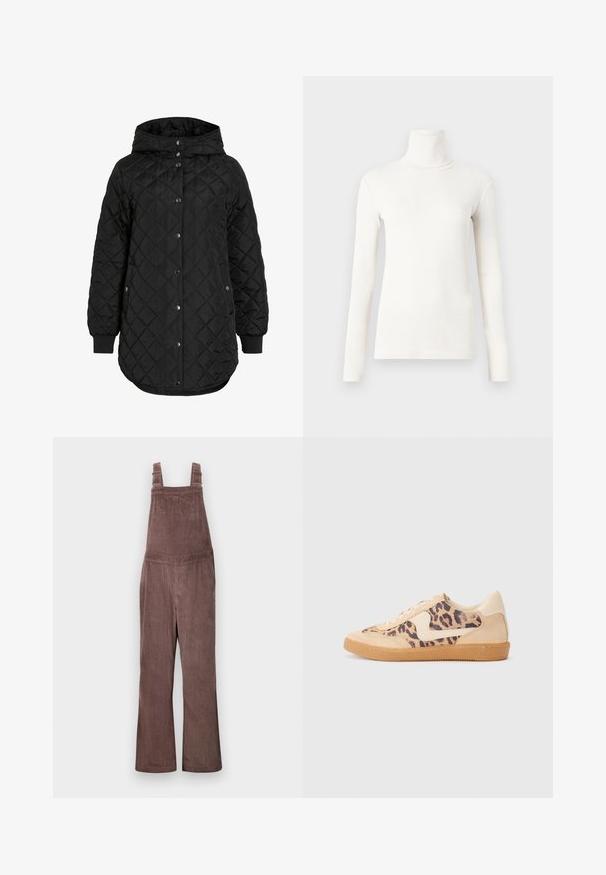 Juodas siuvinėjimas striukė su kapišonu, su mygtukų užsegimu, gyslomis ant rankogalių ir ilgesniu apvadu. Audinys yra lygus su matinio paviršiaus apdaila.; Ilga rankovė turtleneko marškinėliai off-white spalvos, pagaminti iš minkštos, tamprios medžiagos, su prigludusia forma ir raukšlėta tekstūra.; Rudi suede džinsai su reguliuojamomis petnešomis, plačiais kojomis ir vertikaliu raukšlėjimu. Yra šoninės kišenės ir laisvas siluetas.; Leopardų rašto sportiniai batai su smėlio spalvos zomšiniu viršumi, rusvu guminiu padu ir baltais akcentais. Apvalus nosis ir raištelių užsegimas su tekstūruotu paviršiumi.