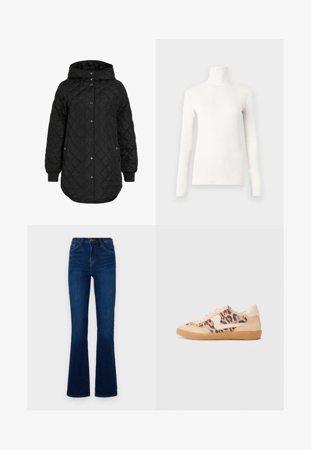 Črna prešita jakna s kapuco, z gumbnim zapiranjem, rebrastimi manšetami in daljšim robom. Tkanina je gladka z mat površino.; Majica z dolgimi rokavi in turtleneck v off-white barvi, izdelana iz mehkega, raztegljivega materiala z oprijetim dizajnom in rebrasto teksturo.; Temno modri razširjeni džins hlače iz denima z visokim pasom, z sprednjimi žepi, zadrgo in subtilnimi šivi.; Teniske s leopardjim vzorom z zgornjim delom iz bež semiša, rjavim gumijastim podplatom in belimi detajli. Okrogla konica in vezenje z vezalkami ter teksturirana površina.