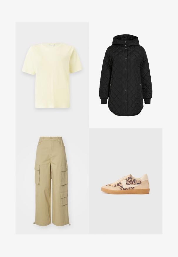 Black quilted jacket with a hood, featuring a button closure, ribbed cuffs, and a longer hem. The fabric is smooth with a matte finish.; Short-sleeve, crew neck plain light yellow unisex T-shirt, displayed on a white background.; Beige cargo pants featuring wide legs, two large side pockets, front pockets, and a drawstring detail at the hem. Cotton blend fabric.; Leopard print sneakers with beige suede upper, tan rubber sole, and white accents. Round toe and lace-up design with a textured finish.