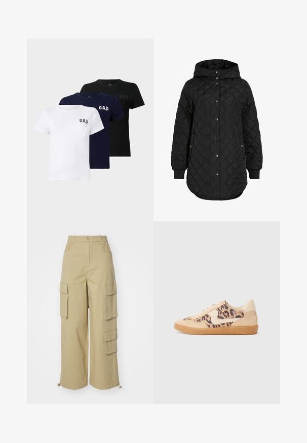 Mustmust mustka jakk, millel on kapuuts, nuppude kinnitusega, soonikkätised ja pikem äär. Kangas on sile ja matt.; Kolm lühikese varrukaga T-särki valges, tumesinises ja mustas värvuses. Igal särgil on vasakus rinnakus väike "GAP" logo, mis on valmistatud pehmest puuvillakangast.; Bežid cargo püksid, millel on laiad sääred, kaks suurt küljetaskut, ees olevad taskud ja nöördetail alläärel. Puuvilla segu kangas.; Leopardi mustriga tossud, millel on beež sueded ülemine osa, pruuni kummist põhi ja valged aktsendid. Ümar nina ja lipsukujundus, millel on tekstureeritud viimistlus.