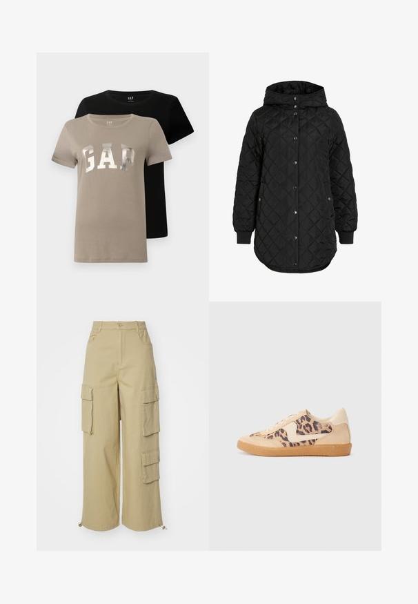 Veste matelassée noire avec capuche, dotée d'une fermeture à boutons, de poignets côtelés et d'un ourlet long. Le tissu est lisse avec une finition mate.; Deux t-shirts à col rond à manches courtes, l'un beige avec "GAP" en grandes lettres argentées et l'autre noir uni, présentés en superposition.; Pantalons cargo beiges avec jambes larges, deux grandes poches latérales, poches avant et un détail à cordon au bas. Tissu en mélange de coton.; Baskets en imprimé léopard avec tige en suède beige, semelle en caoutchouc tan et accents blancs. Bout rond et design à lacets avec une finition texturée.