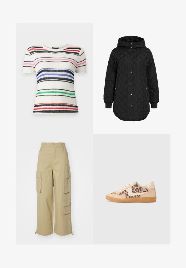 Černá prošívaná bunda s kapucí, vybavená zapínáním na knoflíky, žebrovanými manžetami a delším lemem. Tkanina je hladká s matným povrchem.; Tílko s krátkým rukávem z bílé ribbed tkaniny s vodorovnými pruhy v černé, modré, růžové, červené a zelené barvě. Kulatý výstřih, přiléhavý střih.; Béžové cargo kalhoty se širokými nohavicemi, dvěma velkými bočními kapsami, předními kapsami a šňůrkovým detailem na lemu. Směs bavlny.; Tenisky s leopardím vzorem, s béžovým semišovým svrškem, hnědou gumovou podrážkou a bílými akcenty. Kulatý špička a šněrovací design s texturovaným povrchem.