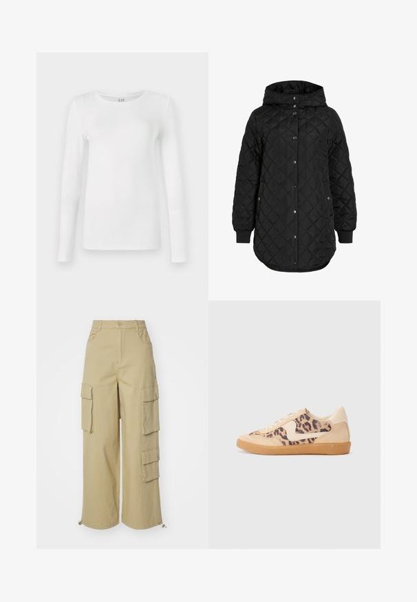 Mustmust mustka jakk, millel on kapuuts, nuppude kinnitusega, soonikkätised ja pikem äär. Kangas on sile ja matt.; Valge pikkade varrukatega T-särk, mis on valmistatud pehmest puuvillast, ümmarguse kaeluse ja sobiva disainiga, millel on sile ja ühtlane tekstuur.; Bežid cargo püksid, millel on laiad sääred, kaks suurt küljetaskut, ees olevad taskud ja nöördetail alläärel. Puuvilla segu kangas.; Leopardi mustriga tossud, millel on beež sueded ülemine osa, pruuni kummist põhi ja valged aktsendid. Ümar nina ja lipsukujundus, millel on tekstureeritud viimistlus.