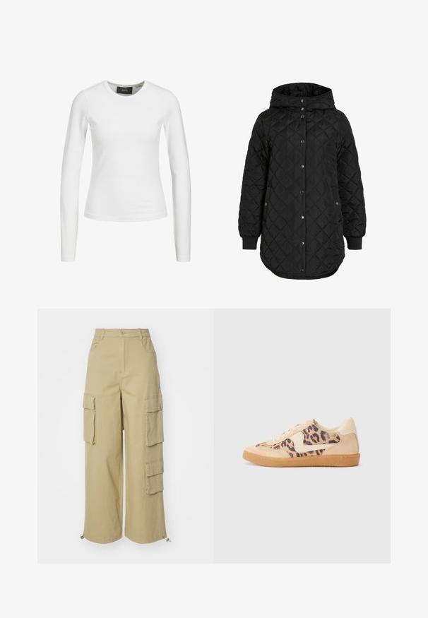Jachetă quilted neagră cu glugă, cu închidere cu nasturi, manșete ribbate și o margine mai lungă. Țesătura este netedă, cu un finisaj mat.; Top alb cu maneci lungi, ajustat, realizat dintr-un material ușor și elastic. Are guler rotund și nu prezintă modele sau embellishments vizibile.; Pantaloni cargo bej, cu picioare late, două buzunare laterale mari, buzunare frontale și detalii cu șnur la tiv. Material din amestec de bumbac.; Tenisi cu imprimeu de leopard, cu partea superioară din suede bej, talpă din cauciuc maro și accente albe. Vârf rotund și design cu șireturi, cu un finisaj texturat.
