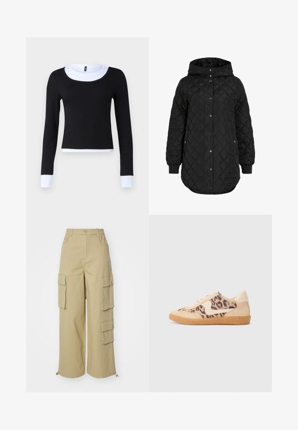 Black quilted jacket with a hood, featuring a button closure, ribbed cuffs, and a longer hem. The fabric is smooth with a matte finish.; Black long-sleeve top with a ribbed texture, featuring a white crew neck and cuffs. The design is fitted and cropped at the waist.; Beige cargo pants featuring wide legs, two large side pockets, front pockets, and a drawstring detail at the hem. Cotton blend fabric.; Leopard print sneakers with beige suede upper, tan rubber sole, and white accents. Round toe and lace-up design with a textured finish.