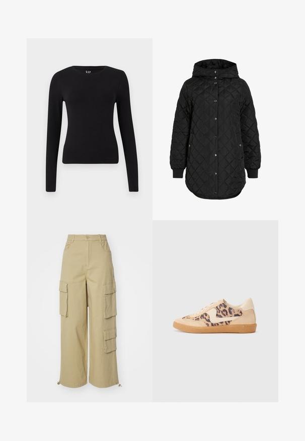 Schwarze gesteppte Jacke mit Kapuze, ausgestattet mit einem Knopfverschluss, gerippten Bündchen und einem längeren Saum. Der Stoff ist glatt mit matter Oberfläche.; Schwarzes, langärmliges, eng anliegendes Rundhals-T-Shirt mit geradem Saum, präsentiert vor einem weißen Hintergrund.; Beige Cargo-Hose mit weitem Bein, zwei großen Seitentaschen, Vordertaschen und einem Kordelzugdetail am Saum. Baumwoll-Mischgewebe.; Löwenmuster-Sneaker mit beige Wildleder-Obermaterial, tanfarbener Gummisohle und weißen Akzenten. Runde Zehenform und Schnürdesign mit strukturiertem Finish.