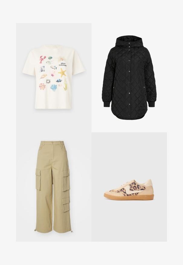 Black quilted jacket with a hood, featuring a button closure, ribbed cuffs, and a longer hem. The fabric is smooth with a matte finish.; Cream-colored cotton T-shirt featuring a collage of ocean-themed graphics, including shells, a lobster, and marine plants.; Beige cargo pants featuring wide legs, two large side pockets, front pockets, and a drawstring detail at the hem. Cotton blend fabric.; Leopard print sneakers with beige suede upper, tan rubber sole, and white accents. Round toe and lace-up design with a textured finish.