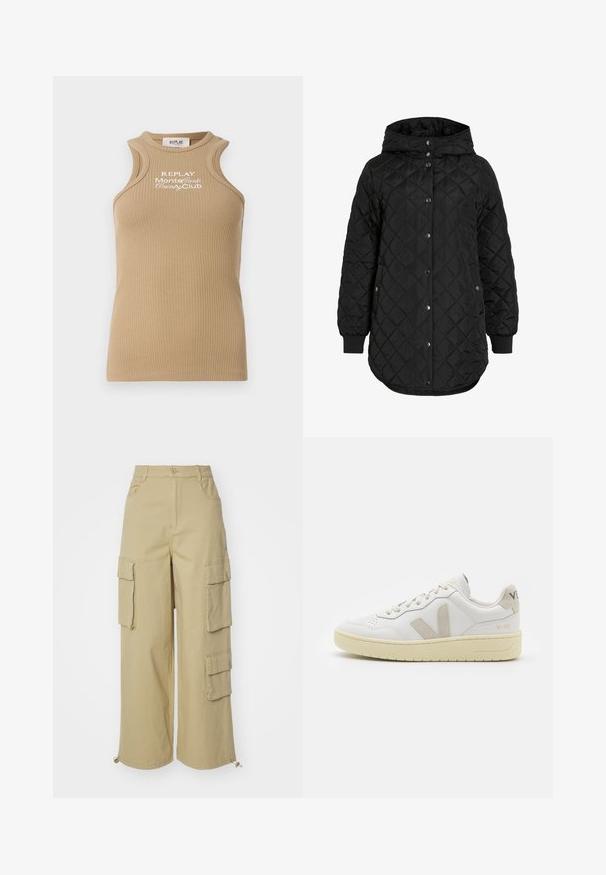 Giacca nera trapuntata con cappuccio, dotata di chiusura a bottone, polsini a costine e orlo più lungo. Il tessuto è liscio con una finitura opaca.; Canotta color sabbia a costine con scollo rotondo e spalline larghe. Presenta un ricamo bianco "REPLAY MonteCarlo Country Club" sul davanti.; Pantaloni cargo beige con gamba larga, due grandi tasche laterali, tasche frontali e dettaglio con cordino all'orlo. Tessuto in misto cotone.; Sneaker in pelle bianca con dettagli in suede beige, punta perforata, lacci piatti e suola testurizzata color crema. Presenta un logo discreto sul tallone.