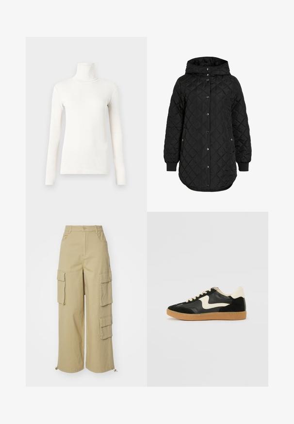 Zwarte gewatteerde jas met een capuchon, voorzien van een knoopsluiting, ribgebreide manchetten en een langere zoom. De stof is soepel met een matte afwerking.; Lange mouw turtleneck shirt in off-white, gemaakt van zachte, rekbare stof met een aansluitend ontwerp en ribbeltextuur.; Beige cargobroek met wijde benen, twee grote zijzakken, voorzakken en een koorddetail bij de zoom. Gemaakt van een katoenmix.; Zwarte suède en leren sneaker met een crèmekleurige zij-swoosh en lichte crèmekleurige hiel. Voorzien van beige veters en een gumrubberen zool.