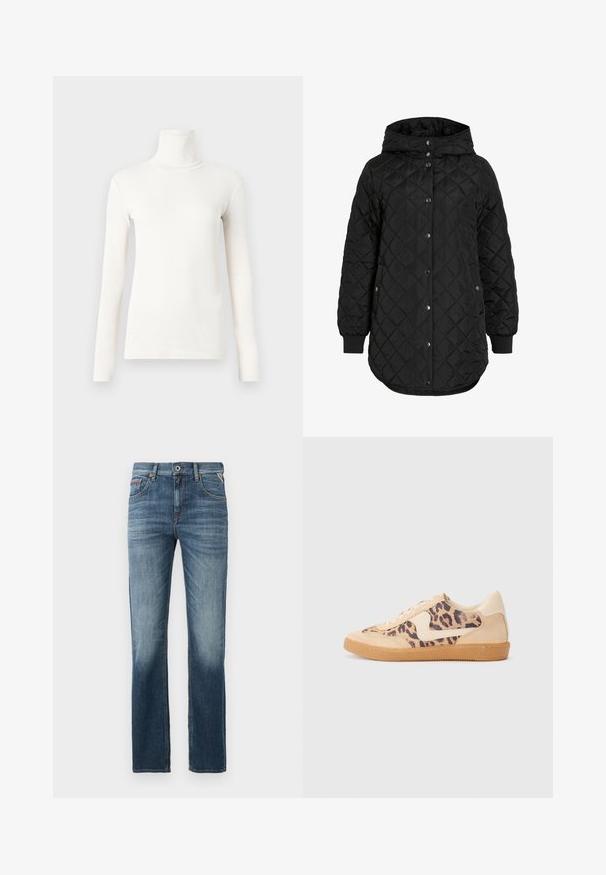 Fekete steppelt kabát kapucnival, gombos záródással, bordázott mandzsettákkal és hosszabb szegéllyel. Az anyag sima, matt felületű.; Hosszú ujjú garbó póló tejfehér színben, puha, rugalmas anyagból készült, testhezálló fazonnal és bordás textúrával.; Sötétkék farmernadrág, egyenes szabású, enyhe kopással a comboknál és kontrasztos varrással. Klasszikus öt zsebes dizájn, cipzáros záródással.; Leopárdmintás sportcipő bézs velúr felsőrésszel, világosbarna gumitalppal és fehér kiegészítőkkel. Kerek orr, fűzős kialakítás, és textúrázott felület jellemzi.