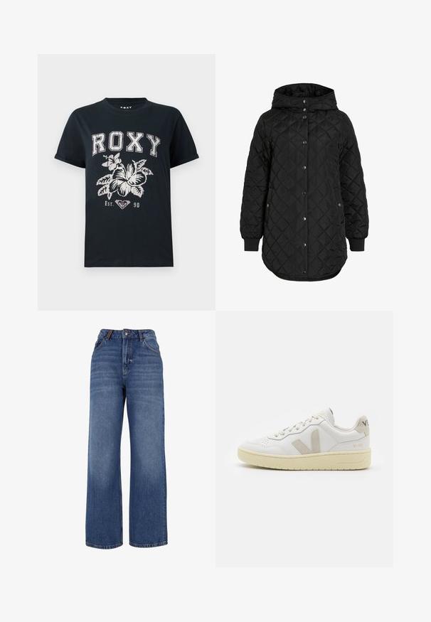 Jachetă quilted neagră cu glugă, cu închidere cu nasturi, manșete ribbate și o margine mai lungă. Țesătura este netedă, cu un finisaj mat.; Tricou din bumbac negru cu textul "ROXY" scris cu alb, având un design floral și un simbol de inimă. Mâneci scurte și o croială lejeră.; Jeans din denim cu picioare largi, fabricate dintr-un țesătură de bumbac albastră de greutate medie. Prezintă un design clasic cu cinci buzunare și fermoar cu închidere cu buton.; Pantofii sport din piele albă cu accente din suede bej, cutie pentru degete perforată, șireturi plate și o talpă texturată de crem. Prezintă branding subtil pe călcâi.