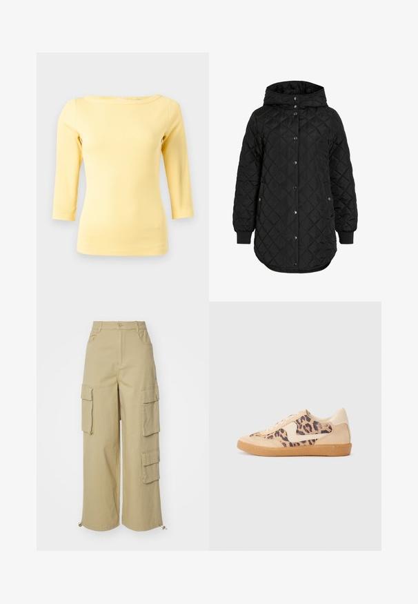 Fekete steppelt kabát kapucnival, gombos záródással, bordázott mandzsettákkal és hosszabb szegéllyel. Az anyag sima, matt felületű.; Sárga bordázott, hosszú ujjú felső, széles nyakkivágással és testhezálló fazonnal. Simaság jellemzi, látható díszítések vagy minták nélkül.; Beige cargo nadrágok széles szabással, két nagy oldalsó zsebbel, elülső zsebekkel és húzózsinórral a szegélyen. Pamut keverék anyag.; Leopárdmintás sportcipő bézs velúr felsőrésszel, világosbarna gumitalppal és fehér kiegészítőkkel. Kerek orr, fűzős kialakítás, és textúrázott felület jellemzi.