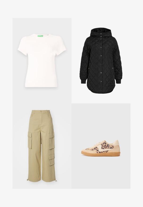 Jachetă quilted neagră cu glugă, cu închidere cu nasturi, manșete ribbate și o margine mai lungă. Țesătura este netedă, cu un finisaj mat.; Tricou alb cu mâneci scurte, fabricat dintr-un material moale, având un guler rotund și o etichetă verde la gât. Design simplu și croială ajustată.; Pantaloni cargo bej, cu picioare late, două buzunare laterale mari, buzunare frontale și detalii cu șnur la tiv. Material din amestec de bumbac.; Tenisi cu imprimeu de leopard, cu partea superioară din suede bej, talpă din cauciuc maro și accente albe. Vârf rotund și design cu șireturi, cu un finisaj texturat.
