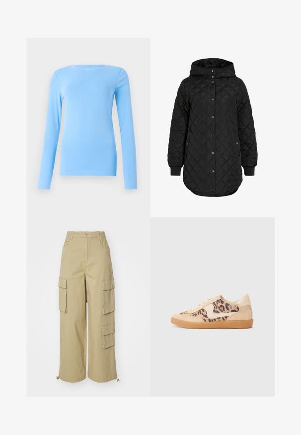 Jachetă quilted neagră cu glugă, cu închidere cu nasturi, manșete ribbate și o margine mai lungă. Țesătura este netedă, cu un finisaj mat.; GAP CREW - Bluză cu mânecă lungă - union blue; Pantaloni cargo bej, cu picioare late, două buzunare laterale mari, buzunare frontale și detalii cu șnur la tiv. Material din amestec de bumbac.; Tenisi cu imprimeu de leopard, cu partea superioară din suede bej, talpă din cauciuc maro și accente albe. Vârf rotund și design cu șireturi, cu un finisaj texturat.