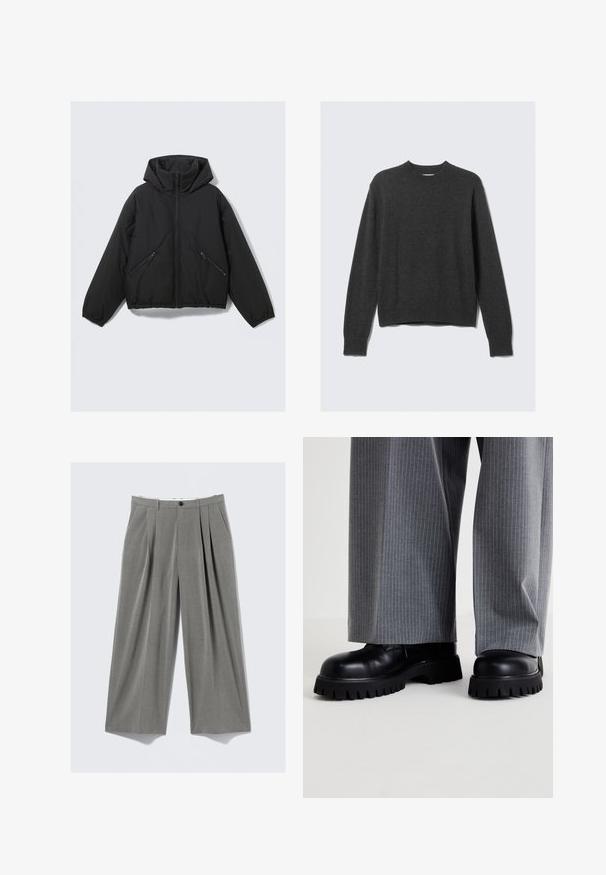Svart pufferjacka med huva, med en framdragkedja, elastiska manschetter och två snedställda dragkedjefickor. Slät textur och kort design.; Mörkgrå stickad tröja med rund halsringning, ribbade ärmslut och nederkant. Tyget har en mjuk textur och har en avslappnad passform.; Grått rutigt vidbenat klänningbyxor med framveck, bältesöglor, sidofickor och en svart knappstängning.; Svarta läderskor med en kraftig sula som har djupa spår, i kombination med grå randyade vida byxor.