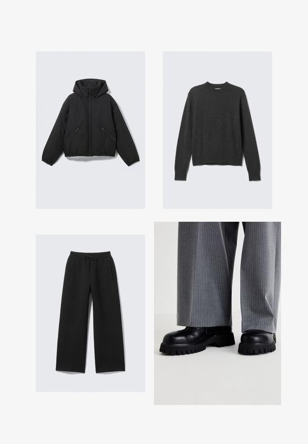 Juodas pūkuotas švarkas su gobtuvu, su priekyje esančiu užtrauktuku, elastingomis rankovėmis ir dviem kampuotais užtrauktukais šoninėse kišenėse. Lygus paviršius ir trumpas dizainas.; Tamsiai pilkas megztinis su apvalia apykakle, raištinėmis rankogaliais ir apačia. Audinys turi lygų paviršių ir pasižymi laisvu siluetu.; Juodi plačiais džinsais su elastinga juosta ir raišteliu, su dviem vertikaliais kišenėmis priekyje.; Juodi odiniai batai su storu padu ir giliomis padangomis, derinami su pilkų juostelių plačiomis kelnėmis.