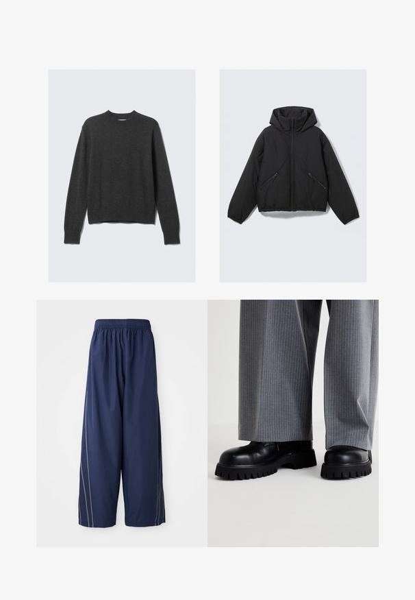 Black puffer jacket with a hood, featuring a front zipper, elastic cuffs, and two angled zippered side pockets. Smooth texture and cropped design.; Dark gray knitted sweater with a round neckline, ribbed cuffs, and hem. The fabric has a smooth texture and features a relaxed fit design.; Navy blue, loose-fitting pants with an elastic waistband and side stripes in a lighter shade. Made of smooth, lightweight material.; Black leather shoes with a chunky sole featuring deep treads, paired with gray pinstriped wide-leg pants.
