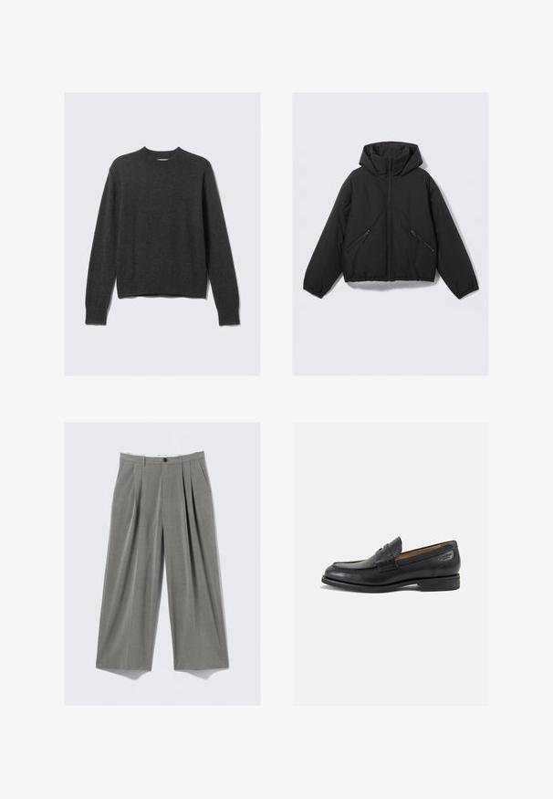 Jachetă puffer neagră cu glugă, dotată cu un fermoar frontal, manșete elastice și două buzunare laterale cu fermoar înclinat. Textură netedă și design scurt.; Pulover tricotat gri închis cu guler rotund, manșete și tiv cu dantelă. Țesătura are o textură netedă și prezintă un design cu o croială lejeră.; Pantaloni de rochie cu dungi gri, cu picioare late, plii frontale, oglinzi pentru curea, buzunare laterale și închidere cu nasture negru.; Mocasini din piele neagră cu o finisare netedă, vârf rotund și cusături decorative pe partea superioară. Toc mic și stivuit, cu o ușoară strălucire.