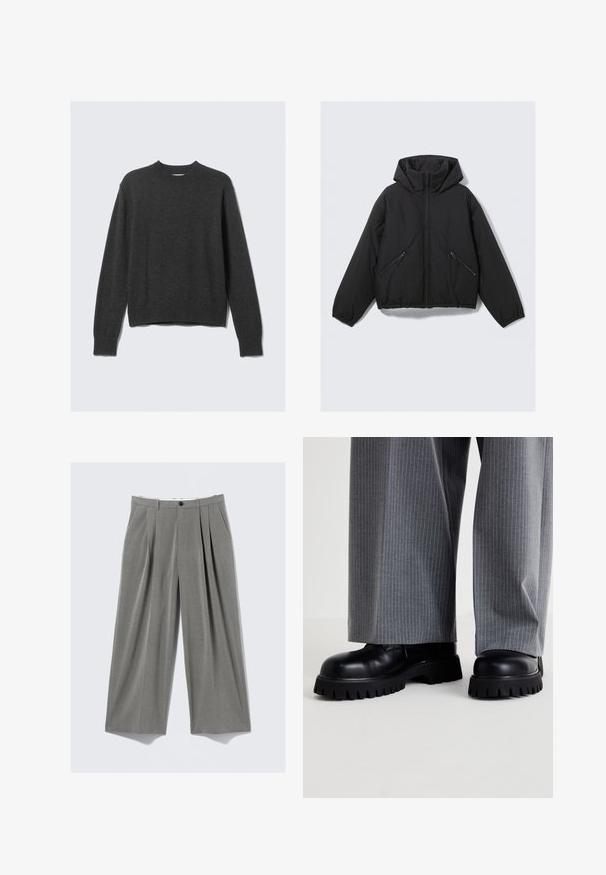 Doudoune noire avec une capuche, dotée d'un zip sur le devant, de poignets élastiques et de deux poches latérales zippées en biais. Texture lisse et design courte.; Pull en tricot gris foncé avec un col rond, des poignets et un ourlet côtelés. Le tissu a une texture lisse et présente un design à coupe décontractée.; Pantalons de costume larges à rayures grises avec plis sur le devant, passants de ceinture, poches latérales et fermeture à bouton noir.; Des chaussures en cuir noir avec une semelle épaisse présentant des rainures profondes, associées à un pantalon large à rayures grises.