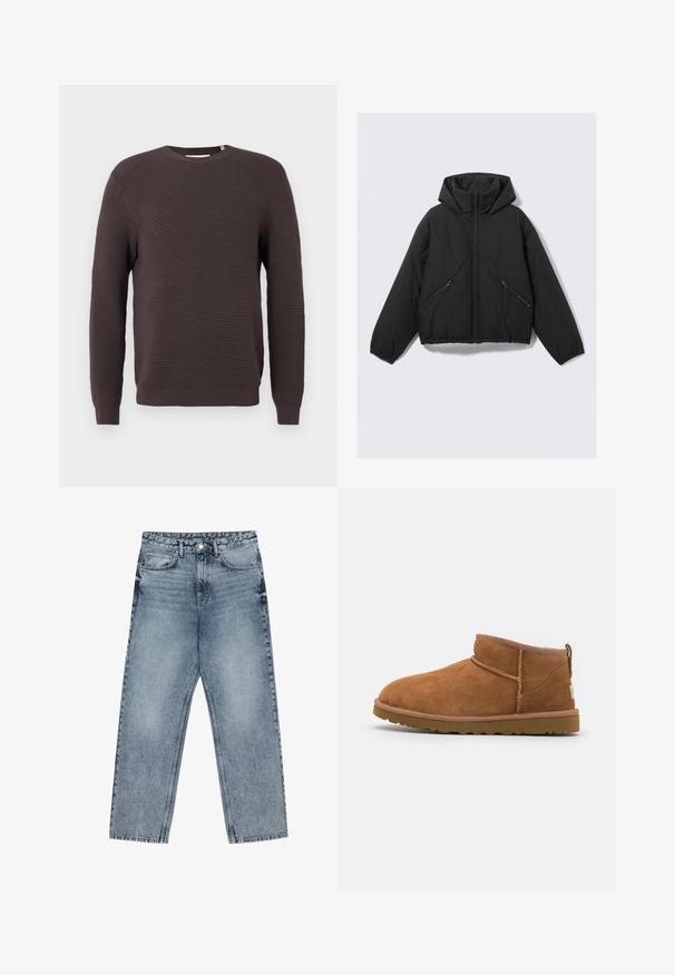 Fekete pufi dzseki kapucnival, elülső cipzárral, rugalmas mandzsettákkal és két ferde cipzáras oldalzsebbel. Sima textúrájú és rövidített kialakítású.; Sötétbarna bordás kötött kereknyakú pulóver hosszú ujjakkal és passzos mandzsettákkal.; Világoskék farmernadrág egyenes szárú szabással, látható varrással, öt zsebes kialakítással és gombos derékkal.; Barna suéd bőrcipő, lekerekített orral, diszkrét varrásokkal és texturált gumitalppal. Rövid magasságú, fűző nélkül.