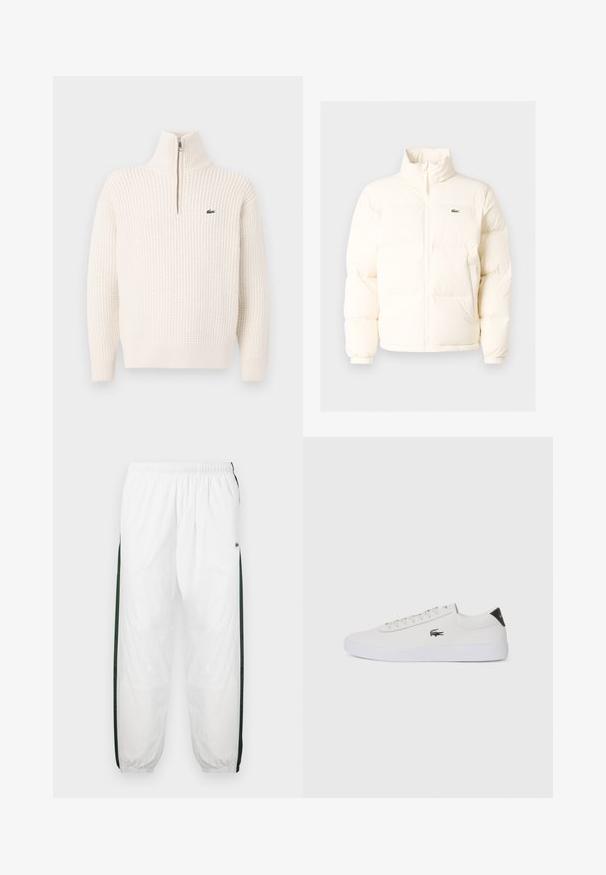 Witte pufferjack met een hoge kraag, voorzien van een ritssluiting aan de voorkant, elastische boorden en een klein groen logo op de linkerborst.; Crème-kleurige textuur gebreide trui met een kwart ritssluiting en een klein groen geborduurd krokodillenlogo op de borst.; Witte trainingsbroek met donkergroene zijpanelen. Lichtgewicht materiaal, elastische tailleband en boordjes aan de onderkant. Heeft een meshstructuur op de zijpanelen.; Witte leren sneaker met ronde neus, vetersluiting aan de voorkant en zwarte hakaccent. Beschikt over een klein geborduurd krokodillenlogo aan de zijkant.