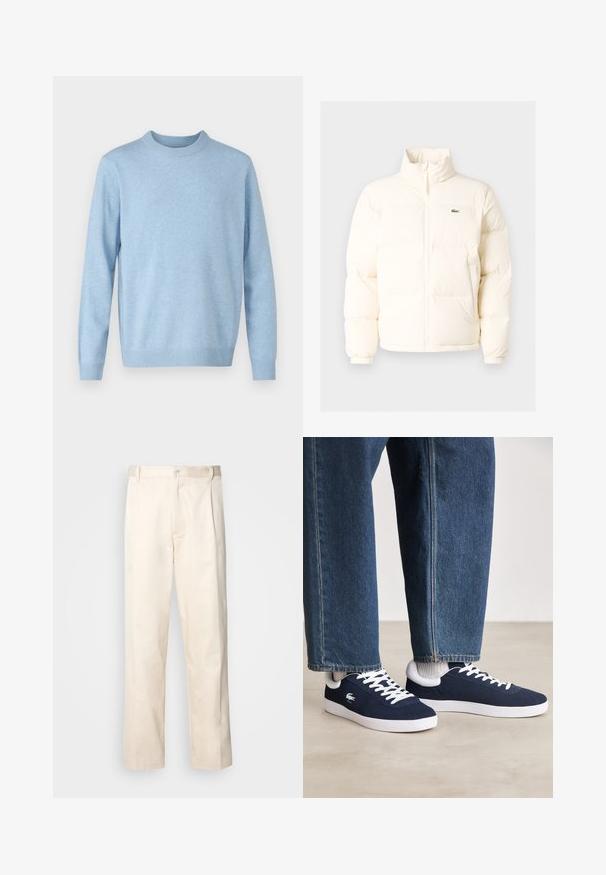 Doudoune blanche avec un col haut, dotée d'une fermeture éclair sur le devant, de poignets élastiques et d'un petit logo vert sur la poitrine gauche.; Samsøe Samsøe ISAK SWEATER - Pullover - blue; Pantalon en coton beige avec une coupe droite, présentant une fermeture à bouton et des plis sur le devant pour plus de détails.; Baskets en toile bleue avec des lacets blancs et des semelles en caoutchouc, présentées avec un pantalon en denim et des chaussettes côtelées grises, sur une surface gris clair.