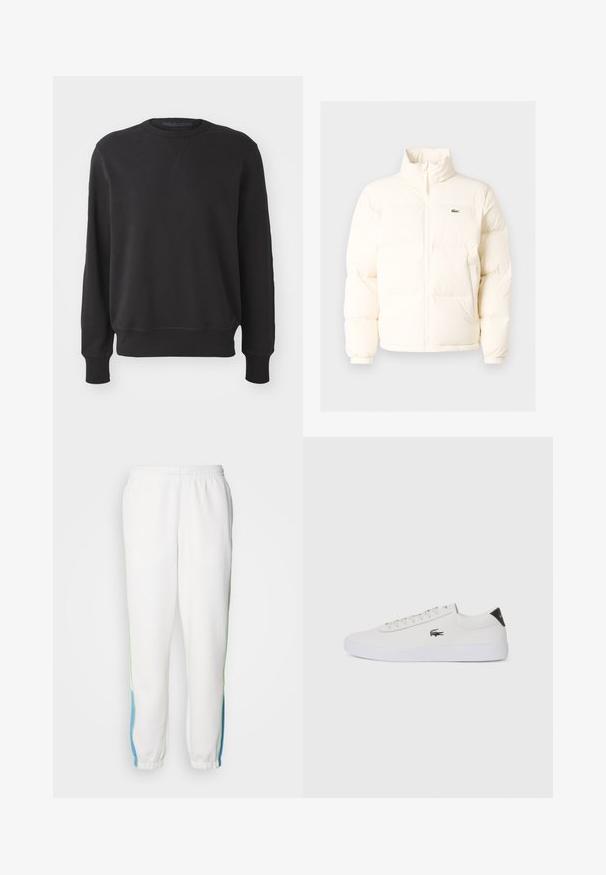 Fehér pufferezett dzseki magas gallérral, elülső zipzárral, rugalmas mandzsettákkal és egy kis zöld logóval a bal mellen.; Fekete kereknyakú pulóver, puha anyagból készült; hosszú ujjakkal, bordás mandzsettákkal és aljjal rendelkezik, laza fazonú és minimalista dizájnnal.; Fehér melegítőnadrág, gumis derékkal, zöld és kék oldalsávokkal. Puha anyagból készült, taperált bokarészes kialakítással.; Fehér bőr sportcipő kerek orral, fűzős elülső résszel és fekete sarok akcentussal. Oldalán egy kis hímzett krokodil logóval rendelkezik.