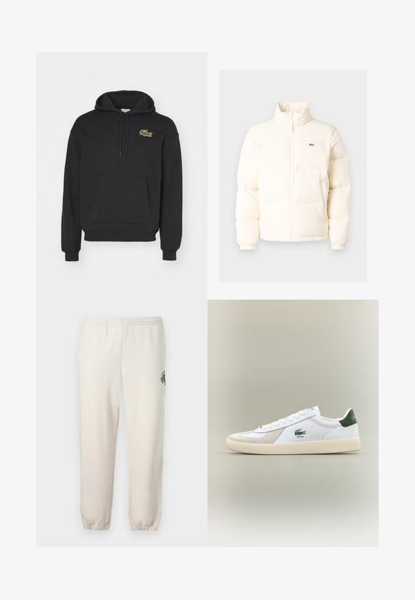 Chaqueta acolchada blanca con un alto cuello, que presenta una cremallera frontal, puños elásticos y un pequeño logotipo verde en el lado izquierdo del pecho.; Sudadera negra de mezcla de algodón, con un bolsillo tipo canguro, mangas largas y un logo de cocodrilo verde en el pecho izquierdo.; Pantalones de chándal de color beige claro, hechos de algodón, con una cinturilla elástica, puños acanalados y un logo verde con diseño de hoja en la pierna izquierda.; Zapatilla blanca con acentos verdes, materiales de ante y cuero, punta redondeada, suela texturizada y logotipo bordado en el lateral y en la lengüeta.