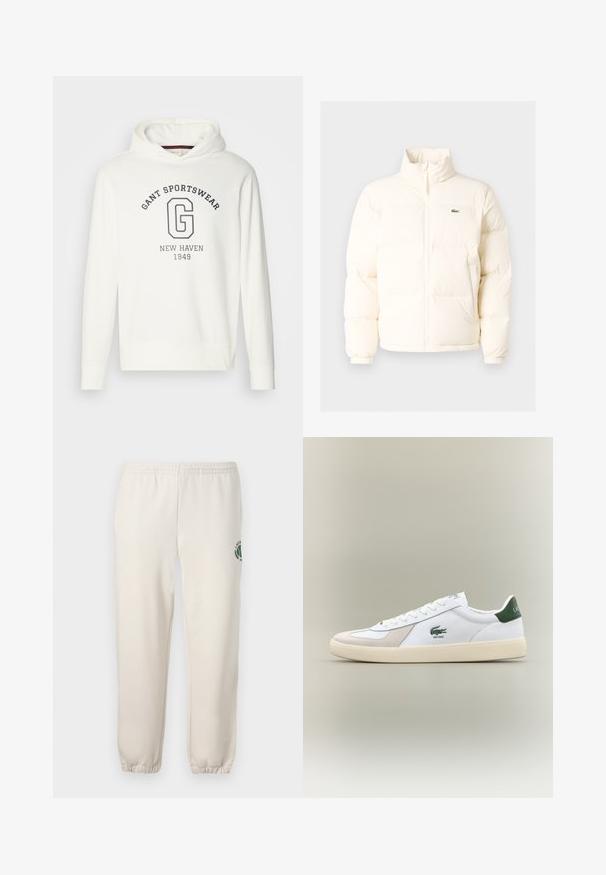 Fehér pufferezett dzseki magas gallérral, elülső zipzárral, rugalmas mandzsettákkal és egy kis zöld logóval a bal mellen.; Fehér kapucnis pulóver a "GANT SPORTSWEAR" felirattal és egy nagy, sötétkék "G" logóval, bordázott ujjak és alsó szegély. Simább anyag textúra.; Világos bézs szabadidőnadrág, pamutból készült, rugalmas derékkal, bordázott mandzsettákkal, és zöld logóval, amely leveleket ábrázol, a bal lábon.; Fehér sportcipő zöld részletekkel, velúr és bőr anyagból, kerek orral, texturált talppal, és hímzett logóval az oldalon és a nyelvén.