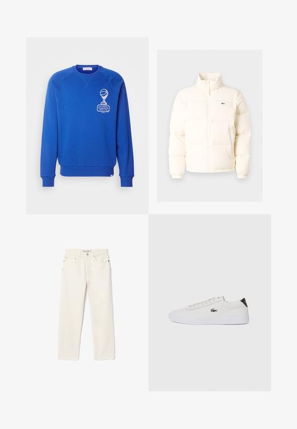 White puffer jacket with a high collar, featuring a front zipper, elastic cuffs, and a small green logo on the left chest.; Blue sweatshirt with a crew neck, ribbed cuffs, and hem, featuring white graphic print of a trophy and text on the left side. Soft material.; Cream-colored denim jeans with a straight-leg cut, featuring two front pockets, a button closure, and subtle branding near the waistband.; White leather sneaker with round toe, lace-up front, and black heel accent. Features a small embroidered crocodile logo on the side.