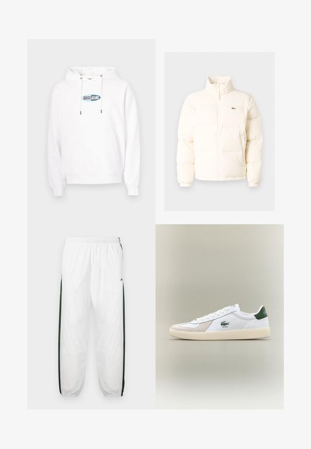 Jachetă pufoasă albă cu guler înalt, cu fermoar în față, manșete elastice și un mic logo verde pe pieptul stâng.; Hanorac alb cu buzunar frontal tip marsupiu și logo oval albastru-verzui „GUESS JEANS” centrat pe piept, cu glugă ajustabilă cu șnur.; Pantaloni de trening albi cu panouri laterale de culoare verde închis. Material ușor, talie elastică și tivuri manșonate. Prezintă o textură din plasă pe panourile laterale.; Adidași albi cu accente verzi, din suede și piele, cu vârf rotunjit, talpă texturată și logo brodat pe lateral și pe limbă.