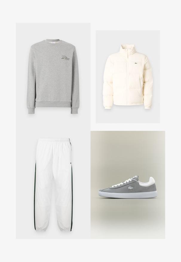 Balts pūkains jaka ar augstu apkakli, priekšā ar rāvējslēdzēju, elastīgām piedurknēm un mazu zaļu logo kreisajā krūtī.; Pelēks džemperis, kas izgatavots no mīksta kokvilnas maisījuma, ar apaļu kaklu, ribota piedurkņu galiem un mazu tumši zaļu logo uz krūtīm.; Baltas sporta bikses ar tumši zaļām sānu joslām. Viegls materiāls, elastīga josta un aproces apakšā. Satur acu auduma tekstūru sānu joslās.; Pelēki zamšādas sporta apavi ar baltu gumijas zoli, ar auklām aizverami, un izšūtu logo sānos. Minimālisma dizains ar klasisku siluetu.