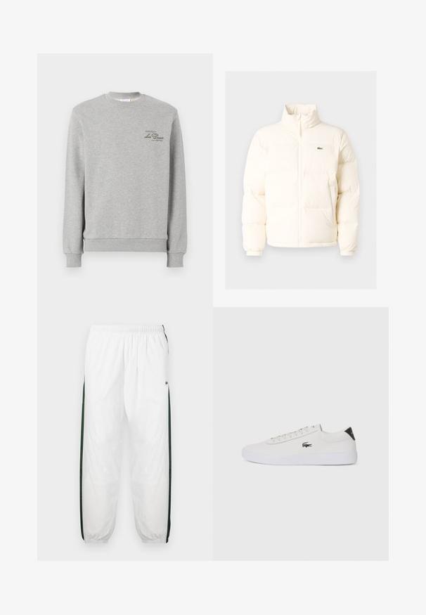 Jachetă pufoasă albă cu guler înalt, cu fermoar în față, manșete elastice și un mic logo verde pe pieptul stâng.; Hanorac gri dintr-un amestec moale de bumbac, cu guler rotund, mâneci cu elastic și un logo mic de culoare verde închis pe piept.; Pantaloni de trening albi cu panouri laterale de culoare verde închis. Material ușor, talie elastică și tivuri manșonate. Prezintă o textură din plasă pe panourile laterale.; Tenis din piele albă cu vârf rotund, sistem de prindere cu șireturi în față și accent negru la călcâi. Are un mic logo brodat cu crocodil pe lateral.