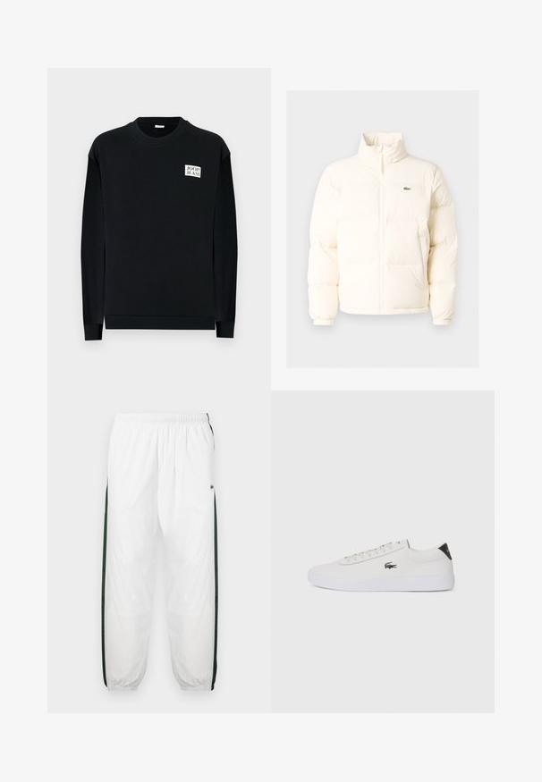 Fehér pufferezett dzseki magas gallérral, elülső zipzárral, rugalmas mandzsettákkal és egy kis zöld logóval a bal mellen.; Fekete pulóver, puha anyagból, kerek nyakkivágással és hosszú ujjakkal. Díszítő logópötty található az elülső bal mellel.; Fehér sportnadrág sötétzöld oldalpanelekkel. Könnyű anyagból készült, rugalmas derékkal és gumis szegéllyel. Az oldalpaneleken hálós textúra található.; Fehér bőr sportcipő kerek orral, fűzős elülső résszel és fekete sarok akcentussal. Oldalán egy kis hímzett krokodil logóval rendelkezik.