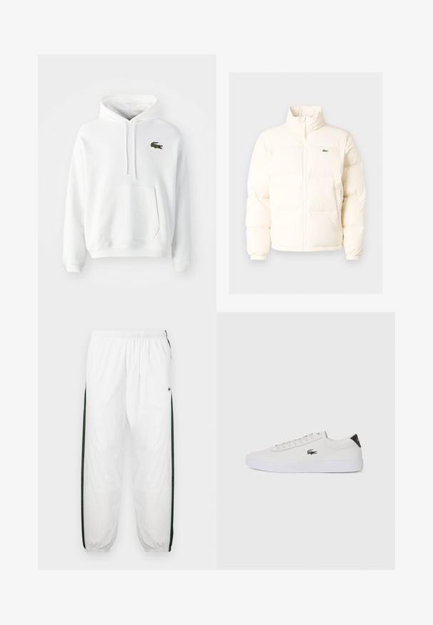 White puffer jacket with a high collar, featuring a front zipper, elastic cuffs, and a small green logo on the left chest.; White hoodie made of soft, textured fabric. Features a kangaroo pocket and a green embroidered crocodile logo on the left chest. Drawstring hood.; White track pants with dark green side panels. Lightweight material, elastic waistband, and cuffed hems. Features mesh texture on side panels.; White leather sneaker with round toe, lace-up front, and black heel accent. Features a small embroidered crocodile logo on the side.