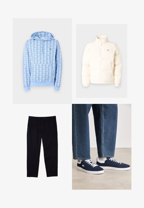 Chaqueta acolchada blanca con un alto cuello, que presenta una cremallera frontal, puños elásticos y un pequeño logotipo verde en el lado izquierdo del pecho.; Sudadera azul con estampado geométrico, bolsillo frontal y capucha con cuerda. Fabricada en un tejido suave con puños y dobladillo acanalados.; Pantalones negros de algodón con diseño de pierna recta, que cuentan con cierre de botón, bolsillos laterales y una textura suave.; Zapatillas de lona azules con cordones blancos y suelas de goma, mostradas con pantalones de mezclilla y calcetines de canalé grises, sobre una superficie gris claro.