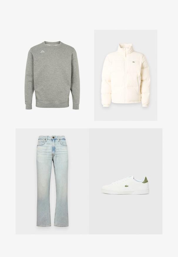 Bijela puf jakna s visokim ovratnikom, koja ima prednji patentni zatvarač, elastične rukave i mali zeleni logo na lijevoj strani prsiju.; Sivi duksericu izrađenu od mekanog materijala, s okruglim izrezom, dugim rukavima i malim logotipom na gornjem lijevom prsnom dijelu.; Svijetloplave traperice s visokim strukom, ravnim krojem nogavica i suptilnim izblijedjivanjem. Ima pet džepova i zatvaranje na metalnu dugmad.; Bijele tenisice s glatkom teksturom, s zelenim akcentom na peti i malim izvezenim logotipom krokodila sa strane.