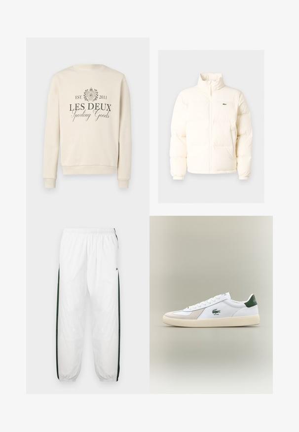 White puffer jacket with a high collar, featuring a front zipper, elastic cuffs, and a small green logo on the left chest.; Cream sweatshirt with a rounded neck. Features "LES DEUX Sporting Goods" in dark gray, surrounded by a circular emblem and laurel design.; White track pants with dark green side panels. Lightweight material, elastic waistband, and cuffed hems. Features mesh texture on side panels.; White sneaker with green accents, suede and leather materials, rounded toe, textured outsole, and embroidered logo on side and tongue.