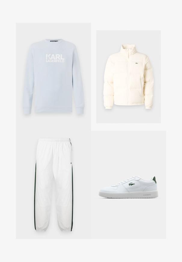 Bílá nafouknutá bunda s vysokým límcem, předním zipem, elastickými manžetami a malým zeleným logem na levé straně hrudi.; Světle modrá mikina vyrobená z bavlněné směsi, s kulatým výstřihem, dlouhými rukávy a bílým potiskem loga "KARL LAGERFELD" na přední straně.; Bílé tepláky s tmavě zelenými postranními panely. Lehký materiál, elastický pas a stahované lemy. Obsahují síťovanou texturu na postranních panelech.; Bílé kožené tenisky s gumovou podrážkou, zeleným akcentem na patě a malým zeleným logem. Mají texturované boční panely a kulaté tkaničky.