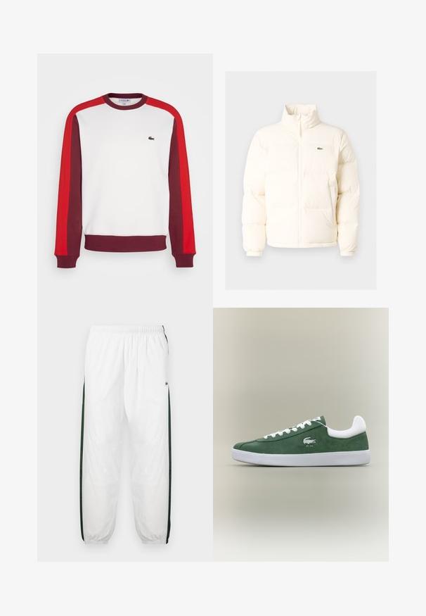 Balts pūkains jaka ar augstu apkakli, priekšā ar rāvējslēdzēju, elastīgām piedurknēm un mazu zaļu logo kreisajā krūtī.; Lacoste ELEVATED COLORBLOCK - Ikdienas džemperis - flour/red-spleen; Baltas sporta bikses ar tumši zaļām sānu joslām. Viegls materiāls, elastīga josta un aproces apakšā. Satur acu auduma tekstūru sānu joslās.; Zema profila zaļie zamša sporta apavi ar baltām šņorēm, baltu zoli, polsterētu papēža apkakli un izšūtu krokodila logo ar tekstu "EST. 1933".