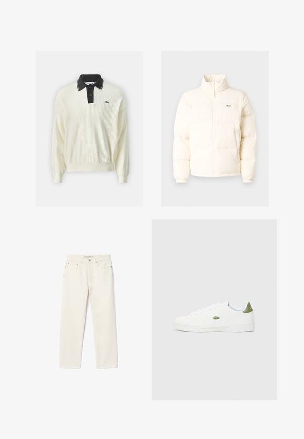 Biała kurtka puchowa z wysokim kołnierzem, z zamkiem błyskawicznym z przodu, elastycznymi mankietami i małym zielonym logo po lewej stronie klatki piersiowej.; Lacoste - Sweter; Jasno kremowe dżinsy z prostymi nogawkami, z dwoma przednimi kieszeniami, zapięciem na guzik i subtelnym logo w okolicy pasa.; Białe sneakersy o gładkiej fakturze, z zielonym akcentem na pięcie i małym wyhaftowanym logo krokodyla z boku.