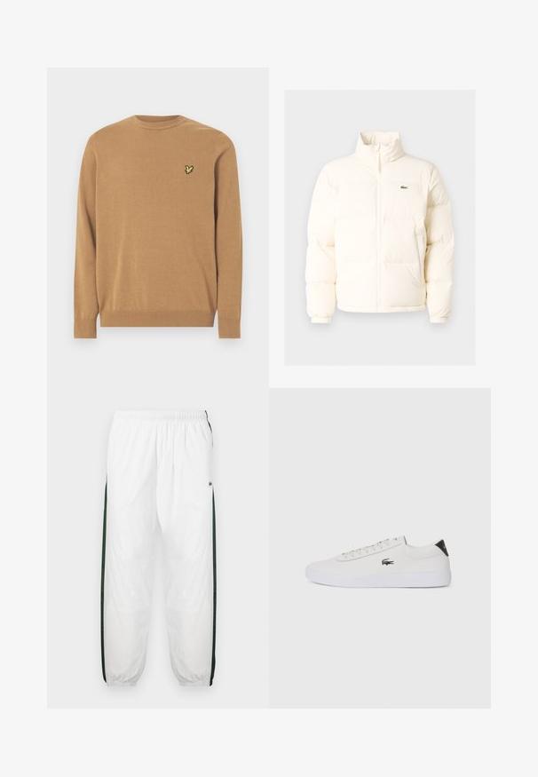 Balta pūkinė striukė su aukštu kaklu, turinti priekinį užtrauktuką, elastines rankogalius ir mažą žalią logotipą kairėje krūtinės pusėje.; Rudas medvilninis megztinis su apvalia kaklo iškirpte, ilgomis rankovėmis, raštuotais rankogaliais ir geltonu siuvinėjimu kairėje krūtinės pusėje.; Baltos treniruočių kelnės su tamsiai žaliais šonų juostelėmis. Lengva medžiaga, elastinga juosmens juosta ir apASPIRUOTI rankogaliai. Šonų juostelėse yra tinklelio tekstūra.; Balti odiniai sportbačiai su apvalia nosimi, raištelių užsegimu priekyje ir juodu akcentu ant kulno. Šone yra mažas išsiuvinėtas krokodilo logotipas.