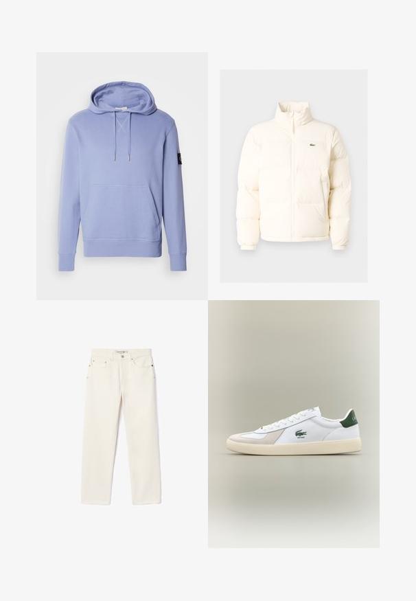 Jachetă pufoasă albă cu guler înalt, cu fermoar în față, manșete elastice și un mic logo verde pe pieptul stâng.; Hanorac albastru deschis dintr-un material moale, dotat cu un buzunar frontal, glugă cu șnur și mânici și margine ribbed. Detaliu subtil de cusătură încrucișată.; Jeans din denim de culoare crem, cu o croială dreaptă, având două buzunare frontale, închidere cu nasture și branding subtil aproape de talie.; Adidași albi cu accente verzi, din suede și piele, cu vârf rotunjit, talpă texturată și logo brodat pe lateral și pe limbă.
