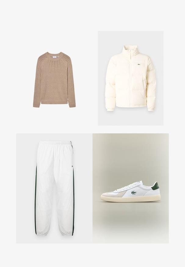 Biela puffrová bunda s vysokým golierom, predným zipsom, elastickými manžetami a malým zeleným logom na ľavom prsníku.; Bežový rebrovaný pletený sveter s dlhými rukávmi, okrúhlym výstrihom a diskrétnou bočnou etiketou s logom. Obsahuje textúrovaný vzor a priliehavé manžety.; Biele športové nohavice s tmavozelenými bočnými panelmi. Ľahký materiál, elastický pás a sťahované lemy. Obsahujú sieťovinovú textúru na bočných paneloch.; Biele tenisky s zelenými akcentmi, vyrobené z semišu a kože, s guľatou špičkou, textúrovanou podrážkou a vyšitým logom na boku a jazyku.