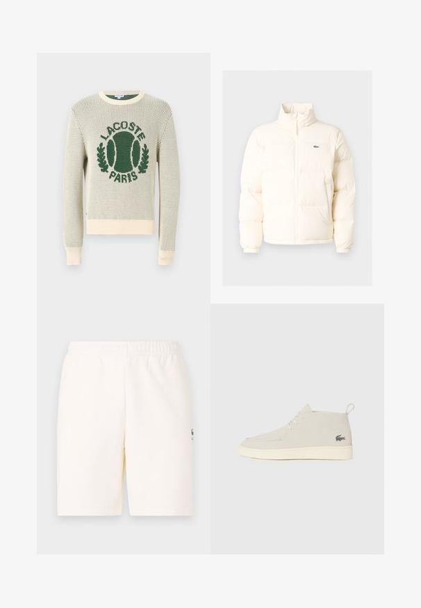 Giacca a vento bianca con collo alto, dotata di zip frontale, polsini elasticizzati e un piccolo logo verde sul petto a sinistra.; Maglione lavorato a maglia off-white con logo verde e motivo tennis. Collo rotondo, maniche lunghe, polsini e orlo a costine. Tessuto leggero e con texture.; Pantaloni corti color crema con vita elastica, realizzati in tessuto morbido, con un piccolo logo sulla parte inferiore della gamba sinistra.; Stivali alla caviglia in suede grigio chiaro con punta rotonda, suola in gomma bianca e un sottile dettaglio del logo sul lato. Presentano una chiusura con lacci.