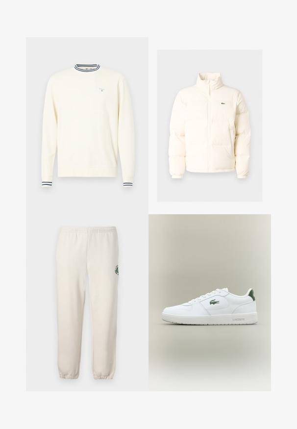 Casaco de puffer branco com colarinho alto, apresentando um fecho frontal com zíper, punhos elásticos e um pequeno logótipo verde no lado esquerdo do peito.; Sweatshirt de cor creme com mangas longas, gola e punhos em riscas azul marinho e branca, apresentando um pequeno logótipo azul no peito.; Sweatpants beige claros feitos de algodão, com um cós elástico, punhos canelados e um logótipo verde com desenho de folha na perna esquerda.; Sapatilha de couro branca com um acabamento suave, detalhes verdes no calcanhar e um logótipo verde na lateral. Apresenta sola plana e bico redondo.