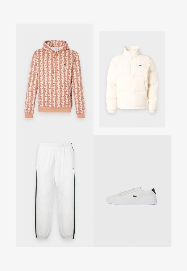 Fehér pufferezett dzseki magas gallérral, elülső zipzárral, rugalmas mandzsettákkal és egy kis zöld logóval a bal mellen.; Világos őszibarack színű kapucnis pulóver, geometrikus piros mintával. Elöl cipzárral és bordázott mandzsettával rendelkezik. Kis logó a mellkasán.; Fehér sportnadrág sötétzöld oldalpanelekkel. Könnyű anyagból készült, rugalmas derékkal és gumis szegéllyel. Az oldalpaneleken hálós textúra található.; Fehér bőr sportcipő kerek orral, fűzős elülső résszel és fekete sarok akcentussal. Oldalán egy kis hímzett krokodil logóval rendelkezik.