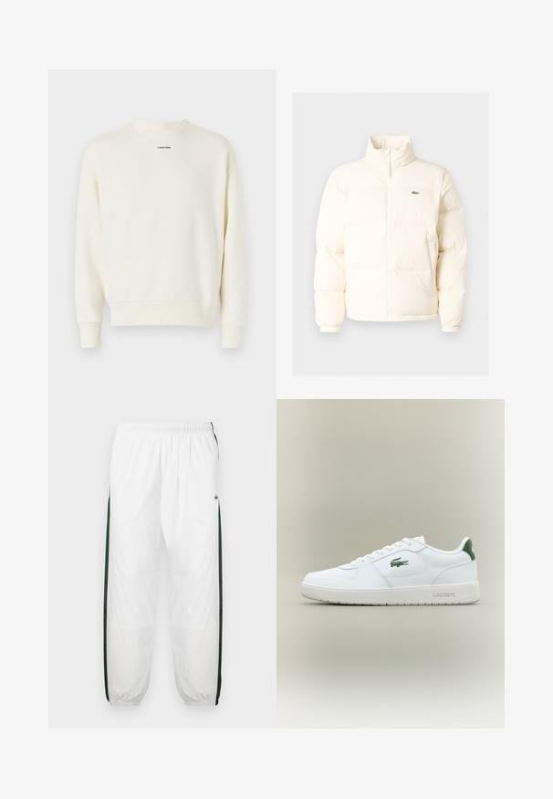 White puffer jacket with a high collar, featuring a front zipper, elastic cuffs, and a small green logo on the left chest.; Calvin Klein NANO LOGO - Sweatshirt - vanilla ice; White track pants with dark green side panels. Lightweight material, elastic waistband, and cuffed hems. Features mesh texture on side panels.; White leather sneaker with a smooth finish, green accents on the heel, and a green logo on the side. Features a flat sole and round toe.