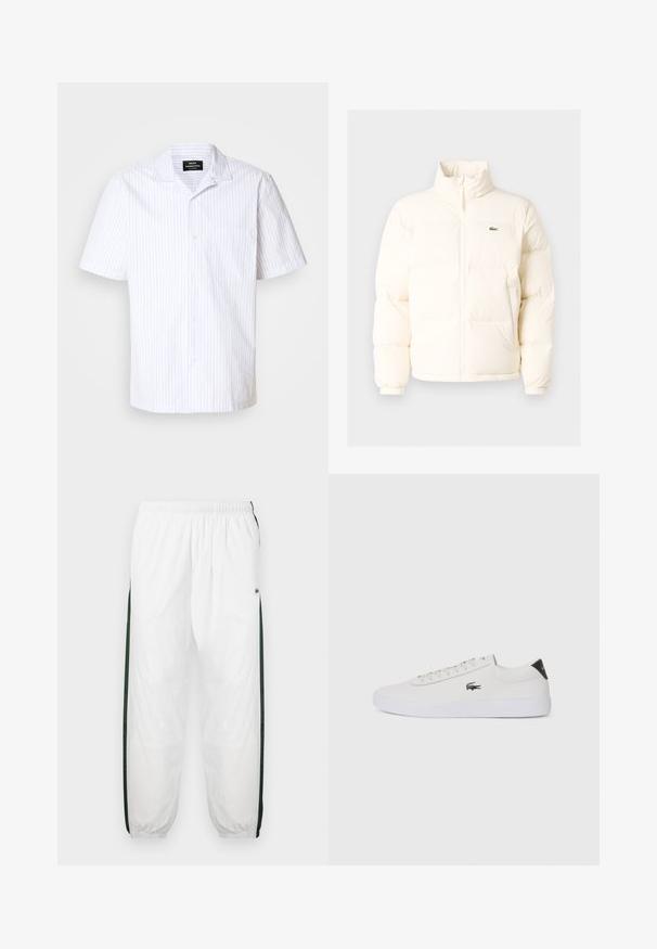 Jachetă pufoasă albă cu guler înalt, cu fermoar în față, manșete elastice și un mic logo verde pe pieptul stâng.; Cămașă cu mânecă scurtă, de culoare albă, cu dungi verticale de culoare albastră deschisă, având un guler ascuțit și un singur buzunar pe piept.; Pantaloni de trening albi cu panouri laterale de culoare verde închis. Material ușor, talie elastică și tivuri manșonate. Prezintă o textură din plasă pe panourile laterale.; Tenis din piele albă cu vârf rotund, sistem de prindere cu șireturi în față și accent negru la călcâi. Are un mic logo brodat cu crocodil pe lateral.